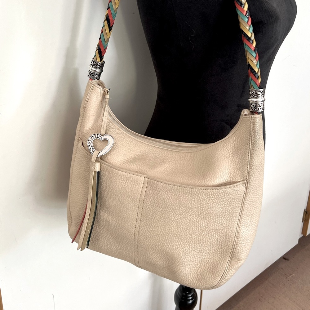 Brighton Barbados Curved Leather Shoulder Handbag- Cream & Multi color tassel